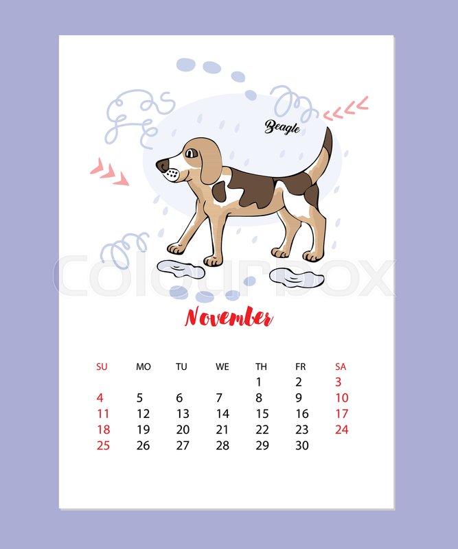 667x800 November Calendar 2018 With Funny Beagle Dog Sketch. Hand Drawn - Beagle Dog Sketch
