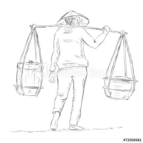 500x500 Vector Sketch Vietnamese Vendor With A Scale Beam - Beam Sketch