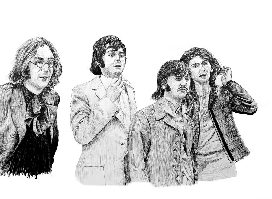 900x657 The Beatles, 1968, In Ink Drawing By Ron Enderland - Beatles Sketch