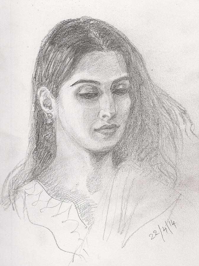674x900 Beautiful Indian Woman Drawing By Asha Sudhaker Shenoy - Beautiful Woman Sketch