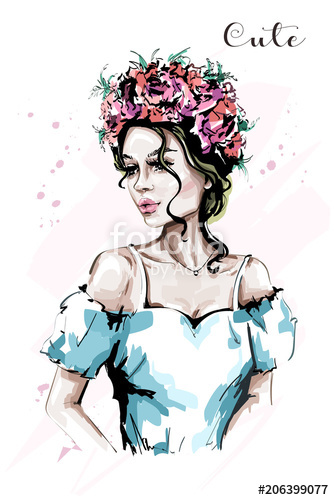 334x500 Hand Drawn Beautiful Woman Portrait. Fashion Lady In Flower Wreath - Beautiful Woman Sketch Images