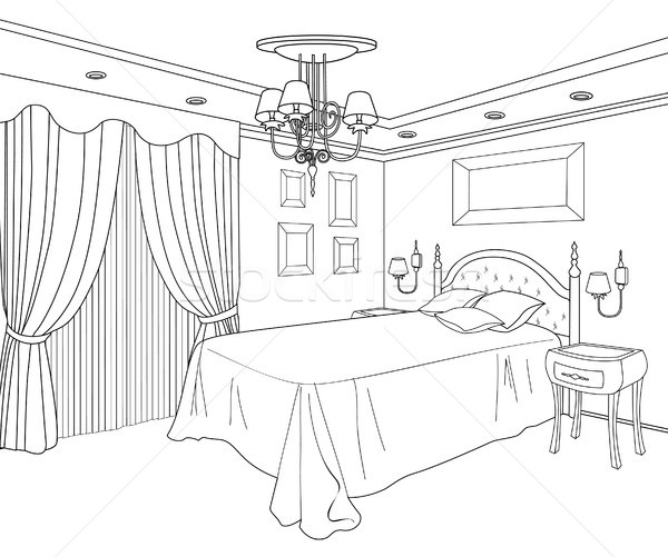 600x501 Bedroom Furniture. Doodle Line Sketch Of Home Interior. Vintage - Bed Sketch