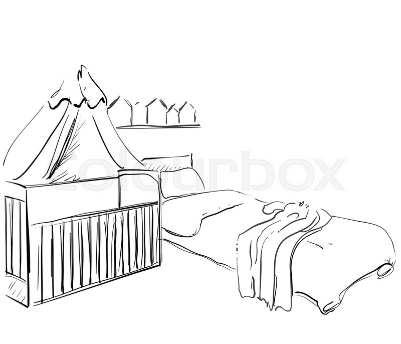 800x686 Hand Drawn Children Room. Furniture Sketch. Baby Bed Stock - Bed Sketch