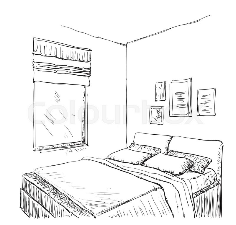 800x762 Bedroom Modern Interior Sketch. Hand Drawn Furniture Stock - Bedroom Sketch