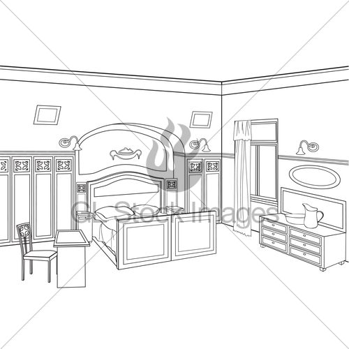 500x500 Bedroom Furniture. Room Interior Outline Sketch. Vintage Gl - Bedroom Sketch