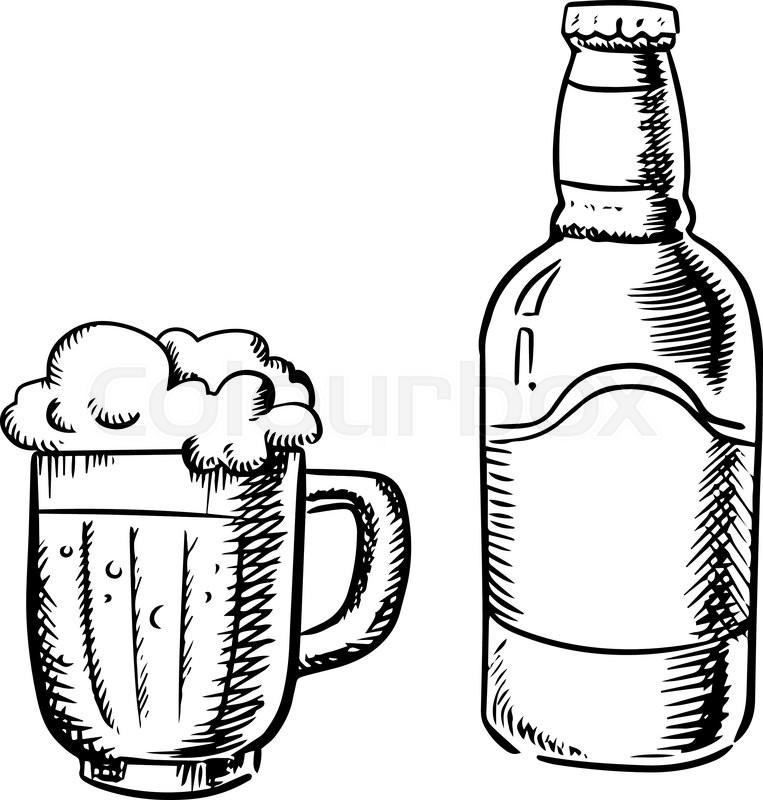 763x800 Beer Bottle And Filled Tankard With Overflowing Froth Head - Beer Bottle Sketch