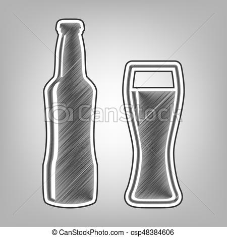 450x470 Beer Bottle Sign. Vector. Pencil Sketch Imitation. Dark Gray - Beer Bottle Sketch