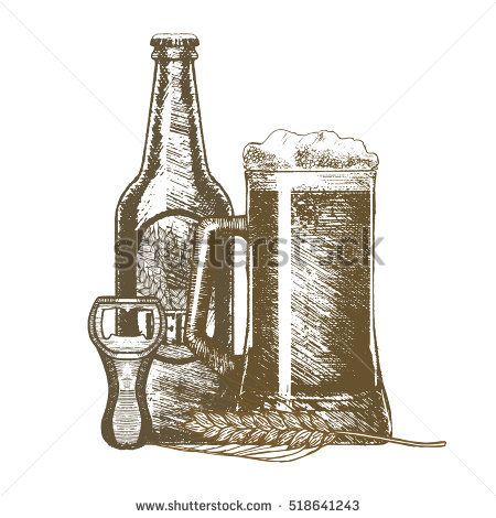450x470 Beer Glass Mug, Bottle And Opener. Alcohol Drink Hand Draw Sketch - Beer Bottle Sketch