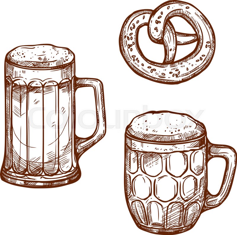 800x793 Beer Glass Mugs And Snack Pretzel Bread Vector Sketch . Sketched - Beer Glass Sketch