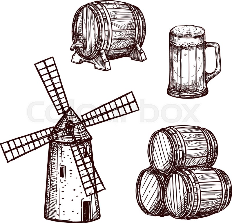 800x767 Beer Barrel With Glass Sketch Set. Beer Mug, Stack Of Wooden Kegs - Beer Mug Sketch