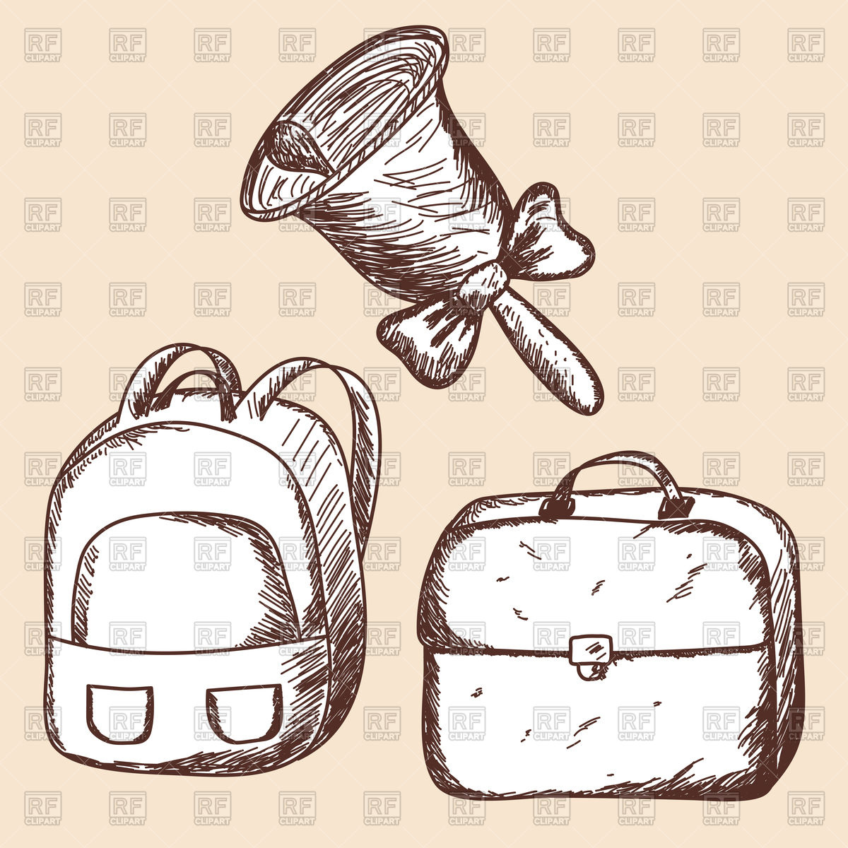 1200x1200 School Bags And Bell Sketch Vector Image Vector Artwork Of - Bell Sketch