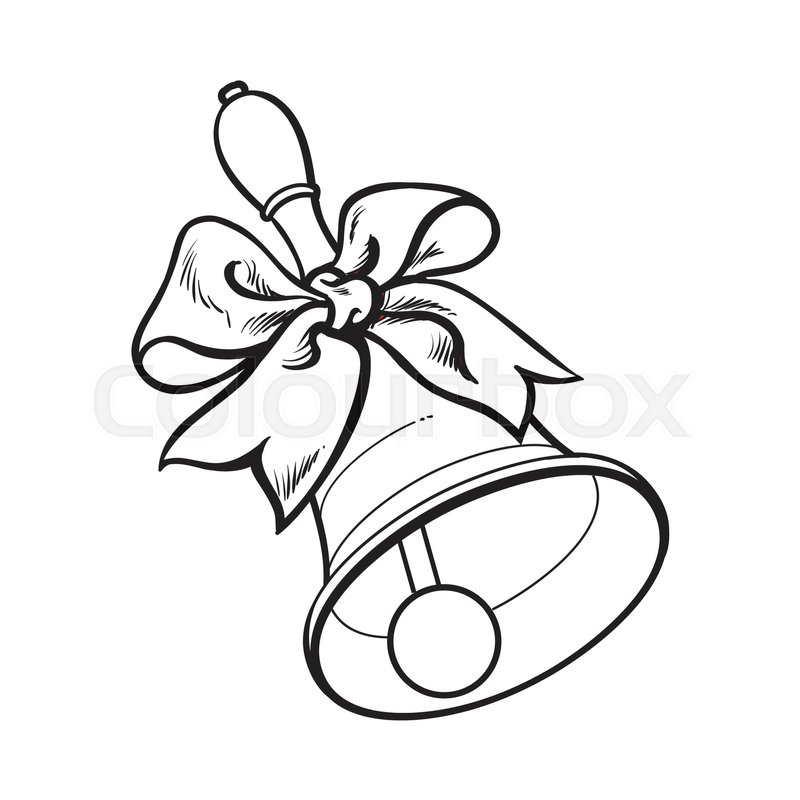 800x800 Traditional School Bell With Ribbon, Black And White Sketch Style - Bell Sketch