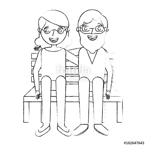 500x500 Happy Couple Grandparents Characters Sitting In Bench Sketch - Bench Sketch