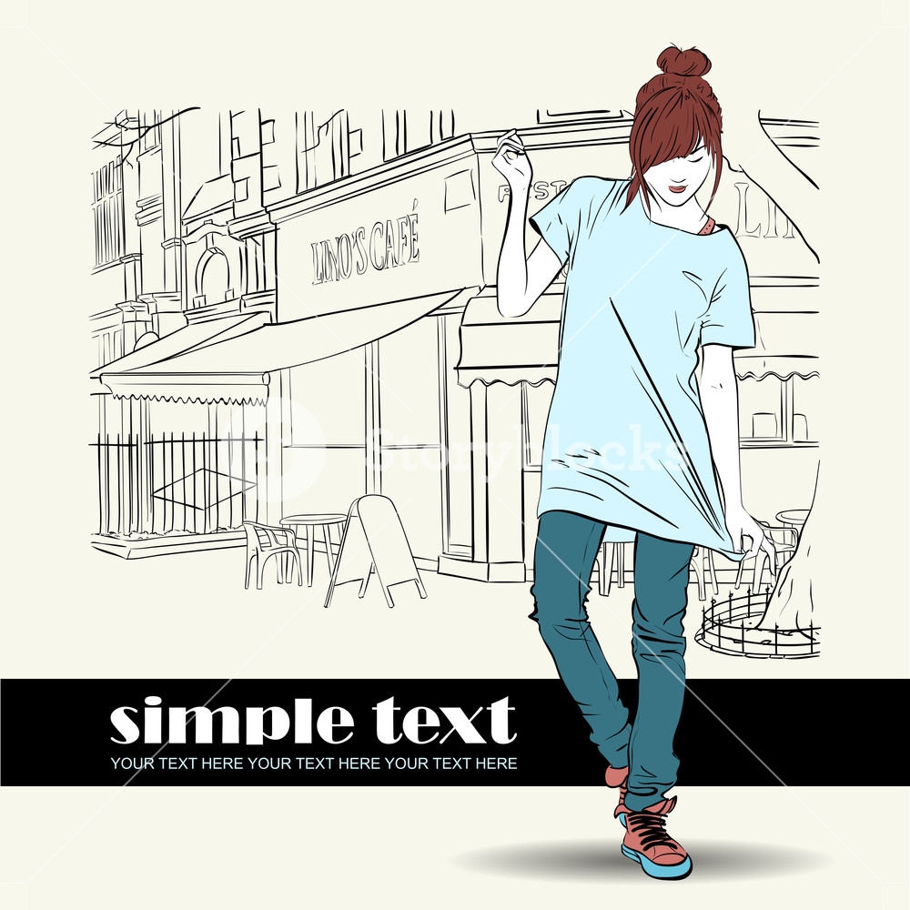 1000x1000 Pretty Fashion Girl With Beret In Sketch Style On A Street Cafe - Beret Sketch