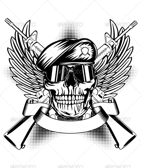 590x700 Skull In Beret And Two Automatic Guns By Ss1001 Graphicriver - Beret Sketch