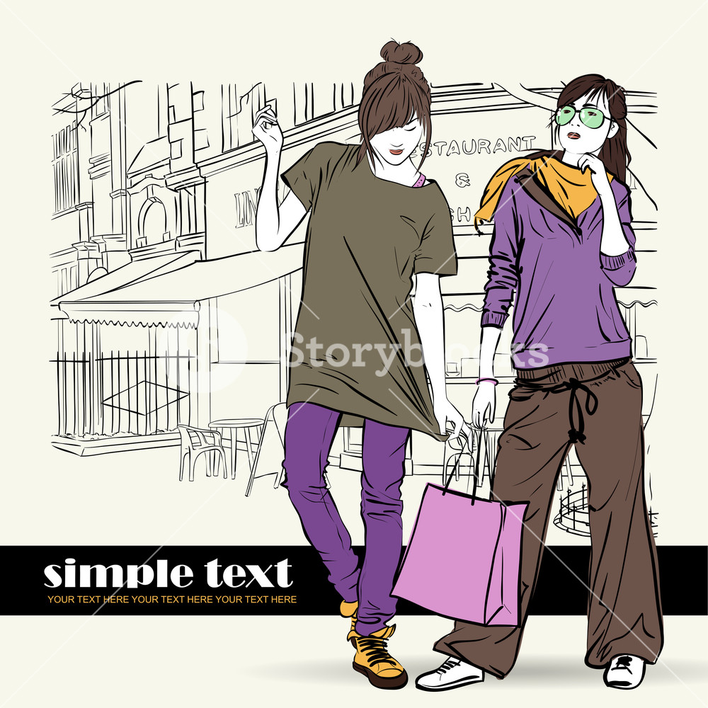1000x1000 Two Fashion Girls With Beret In Sketch Style On A Street Cafe - Beret Sketch