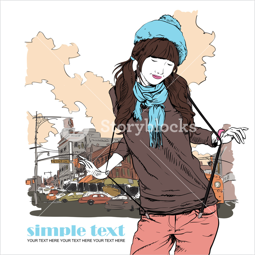 1000x1000 Young Girl With Beret In Sketch Style On A Town Background. Vector - Beret Sketch