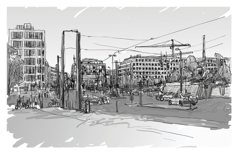 800x520 Sketch City Scape Of Berlin Street With Building And Peoples Walk - Berlin Sketch