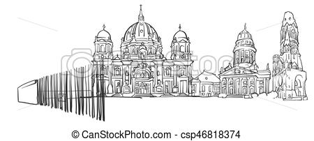 450x202 Berlin Germany Panorama Sketch, Monochrome Urban Cityscape Vector - Berlin Sketch