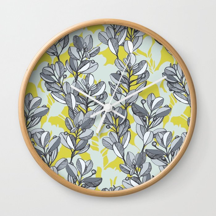700x700 Leaf And Berry Sketch Pattern In Mustard And Ash Wall Clock By - Berry Sketch