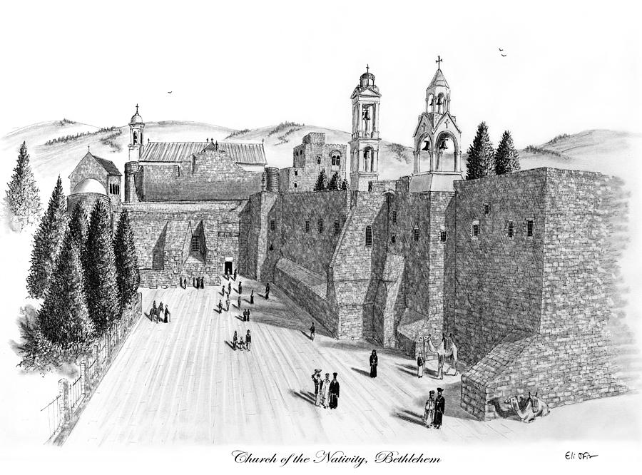 900x666 Church Of The Nativity Drawing By Eli Ofir - Bethlehem Sketch
