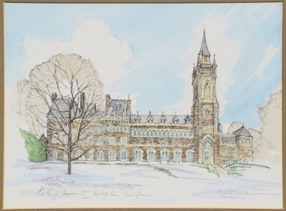 1000x738 Lehigh University Packer Hall Framed Print Colored Drawing Sketch - Bethlehem Sketch