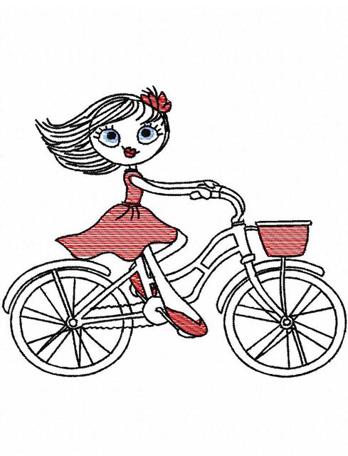 489x640 Swirly Girl Riding Bicycle Sketch Embroidery Design - Bicycle Sketch
