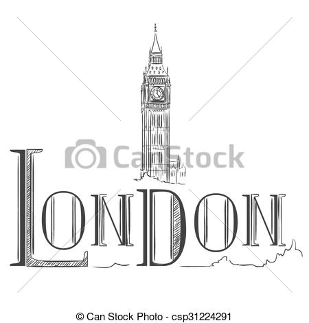 450x470 Hand Drawn Illustration With Big Ben. London, The Uk. Vector - Big Ben London Sketch