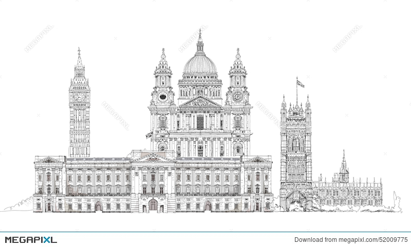 800x482 London, Sketch. Big Ben, Parliament, St. Paul Cathedral And Palace - Big Ben London Sketch