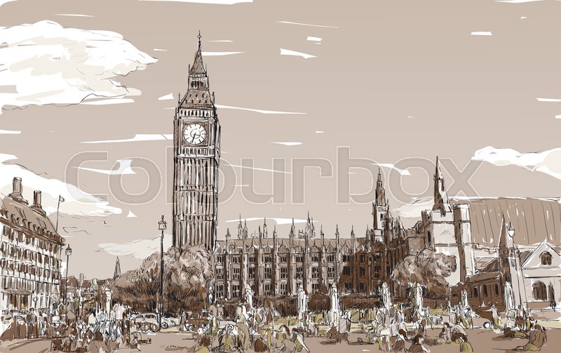 800x503 Sketch Cityscape Of London The Big Ben And Houses Of Parliament - Big Ben London Sketch