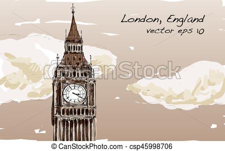 450x303 Sketch Of London, England, Show Big Ben With Clouds In Sepia Tone - Big Ben Sketch