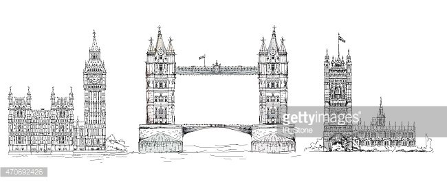 650x265 Tower Bridge And Big Ben, Sketch Collection Premium Clipart - Big Ben Sketch