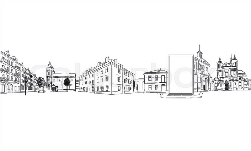 800x480 City Buildings And Modern Billboard Outline Sketch Stock Vector - Billboard Sketch