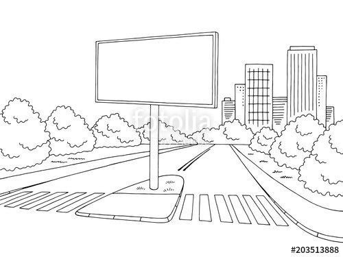 500x375 Road Billboard Graphic Black White City Landscape Sketch - Billboard Sketch