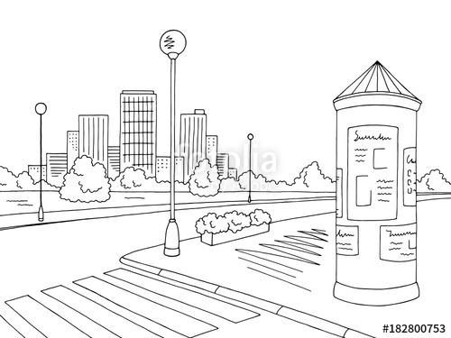 500x375 Street Road Graphic Black White Billboard City Landscape Sketch - Billboard Sketch