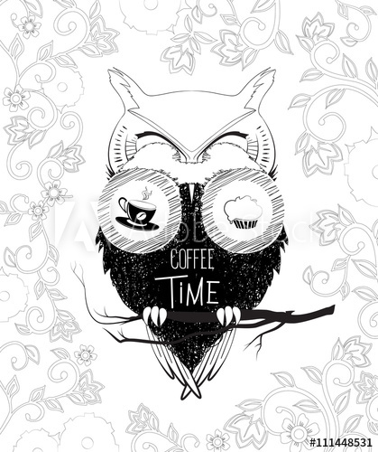 419x500 Coffee Time Owl In Binoculars. Vector Doodle Illustration On - Binoculars Sketch