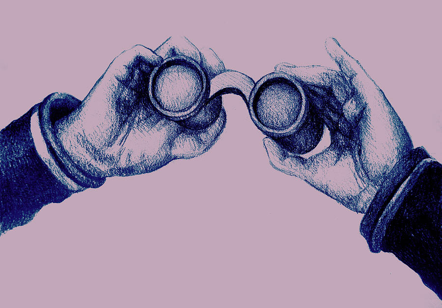 900x629 Colorful Detailed Drawing Of Hand Holding Binoculars. Illustration - Binoculars Sketch