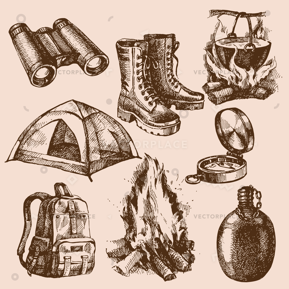 1000x1000 Sketch Camping Elements Set Binoculars Boots Vector Illustration - Binoculars Sketch