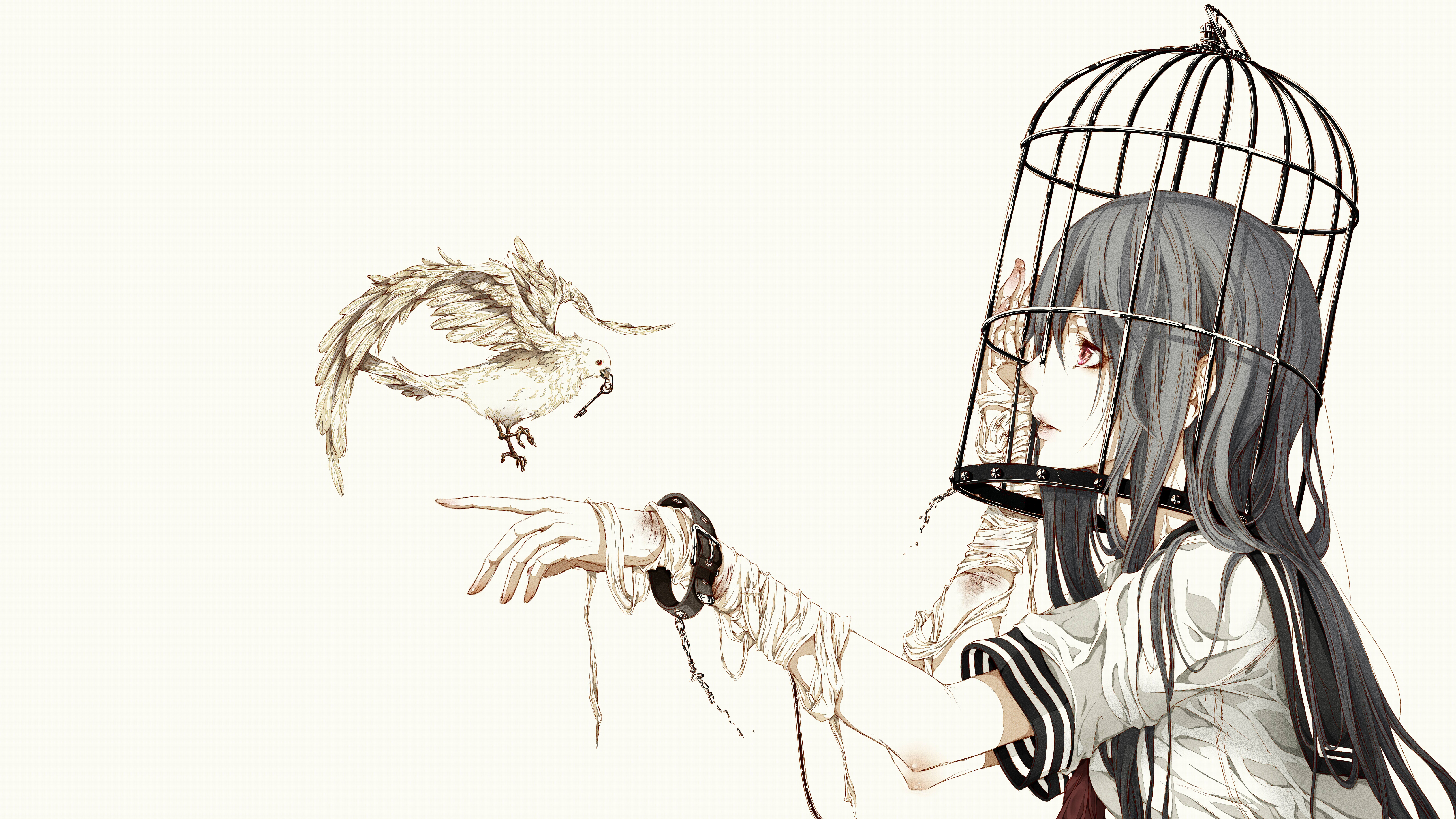 5143x2893 Wallpaper Drawing, Illustration, Birds, Anime Girls, Cartoon - Bird Cage Sketch