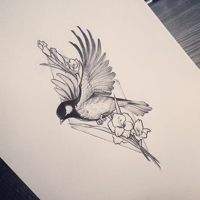 640x640 Black And White Bird Tattoo Design With Geometric Triangle And - Bird Tattoo Sketch