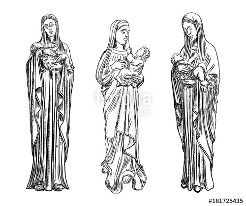 500x420 Set Of Nativity Scene With Holy Mother Christmas Card. Saint Mary - Birth Of Jesus Sketch