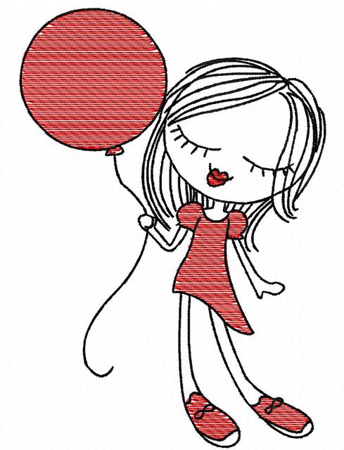 489x640 Swirly Girl With Balloon Sketch Embroidery Design - Birthday Balloon Sketch