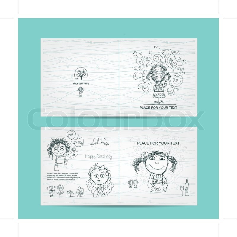 800x800 Birthday Card Template With Cute Girls, Sketch For Your Design - Birthday Card Sketch
