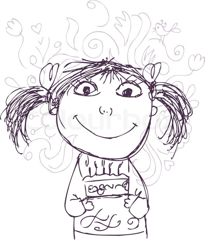 683x800 Funny Girl Sketch With Birthday Cake For Your Design Stock - Birthday Girl Sketch