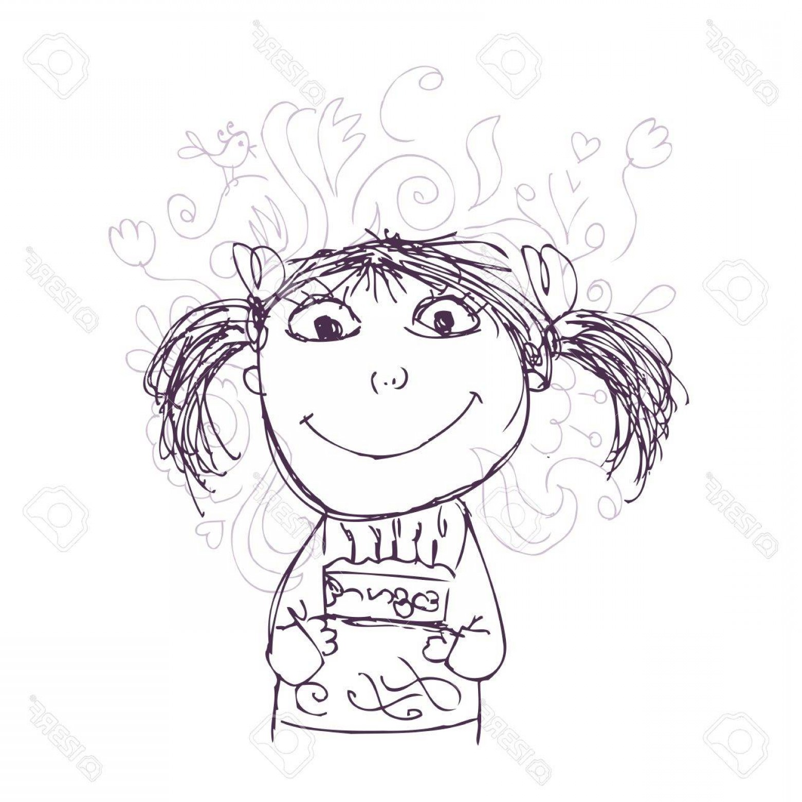 1560x1560 Photofunny Girl Sketch With Birthday Cake For Your Design - Birthday Girl Sketch
