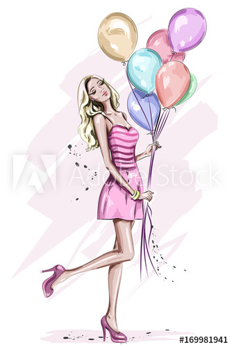 334x500 Beautiful Young Woman With Colorful Birthday Balloons. Stylish - Birthday Girl Sketch