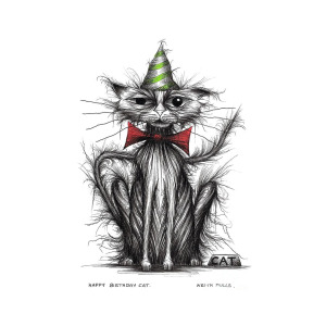 300x300 Happy Birthday Cat Drawing By Keith Mills - Birthday Hat Sketch