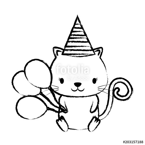 500x500 Happy Birthday Design With Cute Cat With Birthday Hat And Balloons - Birthday Hat Sketch