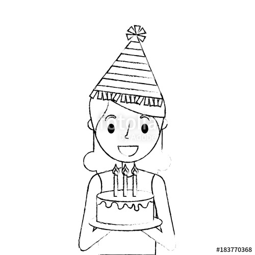 500x500 Happy Woman Holding Birthday Cake Wearing Party Hat Vector - Birthday Hat Sketch