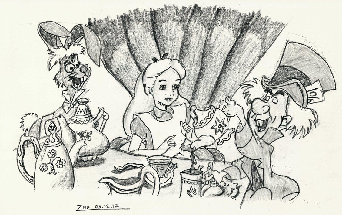 1129x708 Pencil Sketch Of Birthday Party Alice In Wonderland Cartoon - Birthday Party Sketch